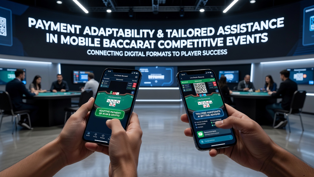 Mobile Baccarat-Turnieroberfläche mit Zahlungsoptionen und Support-Chat auf einem Smartphone-Display