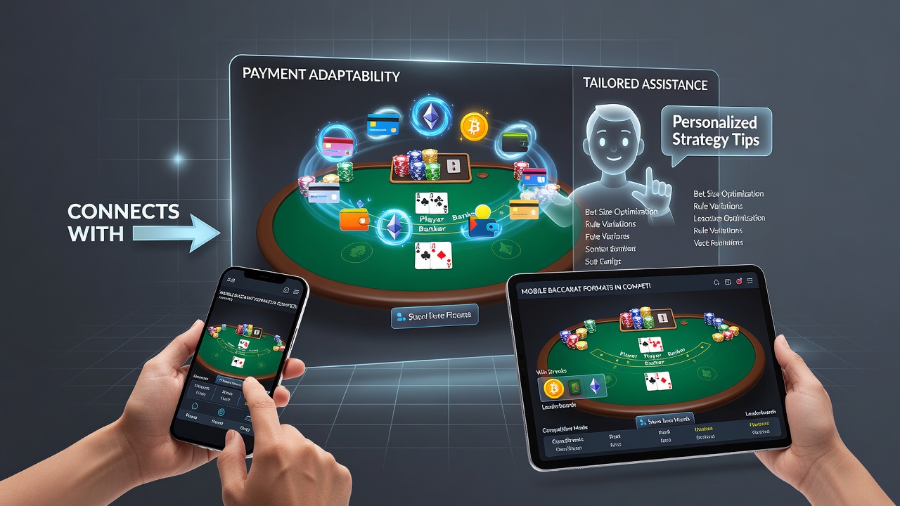 Live-Dealer-Baccarat-Szene auf einem mobilen Gerät mit integriertem Zahlungs- und Support-Dashboard