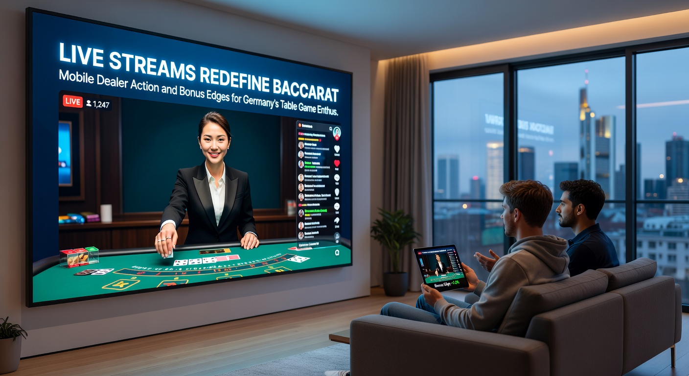 Smartphone-Bildschirm mit Live-Baccarat-Stream, Bonus-Anzeige und Dealer, der interagiert, umgeben von typisch deutschen Elementen wie einem Kaffeebecher