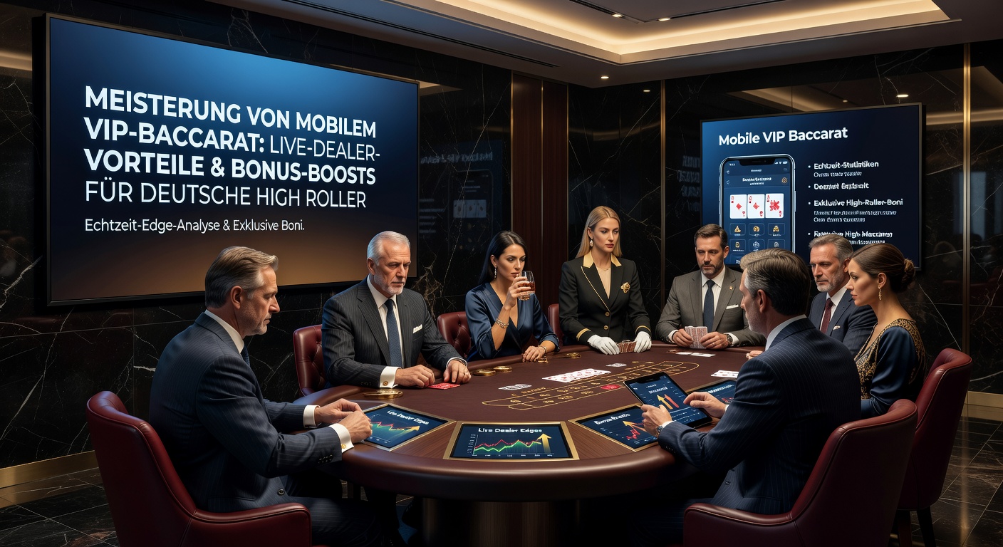 High-Roller-Bonus-Angebot auf einem Tablet, mit Live-Baccarat-Tisch im Hintergrund und Euro-Chips